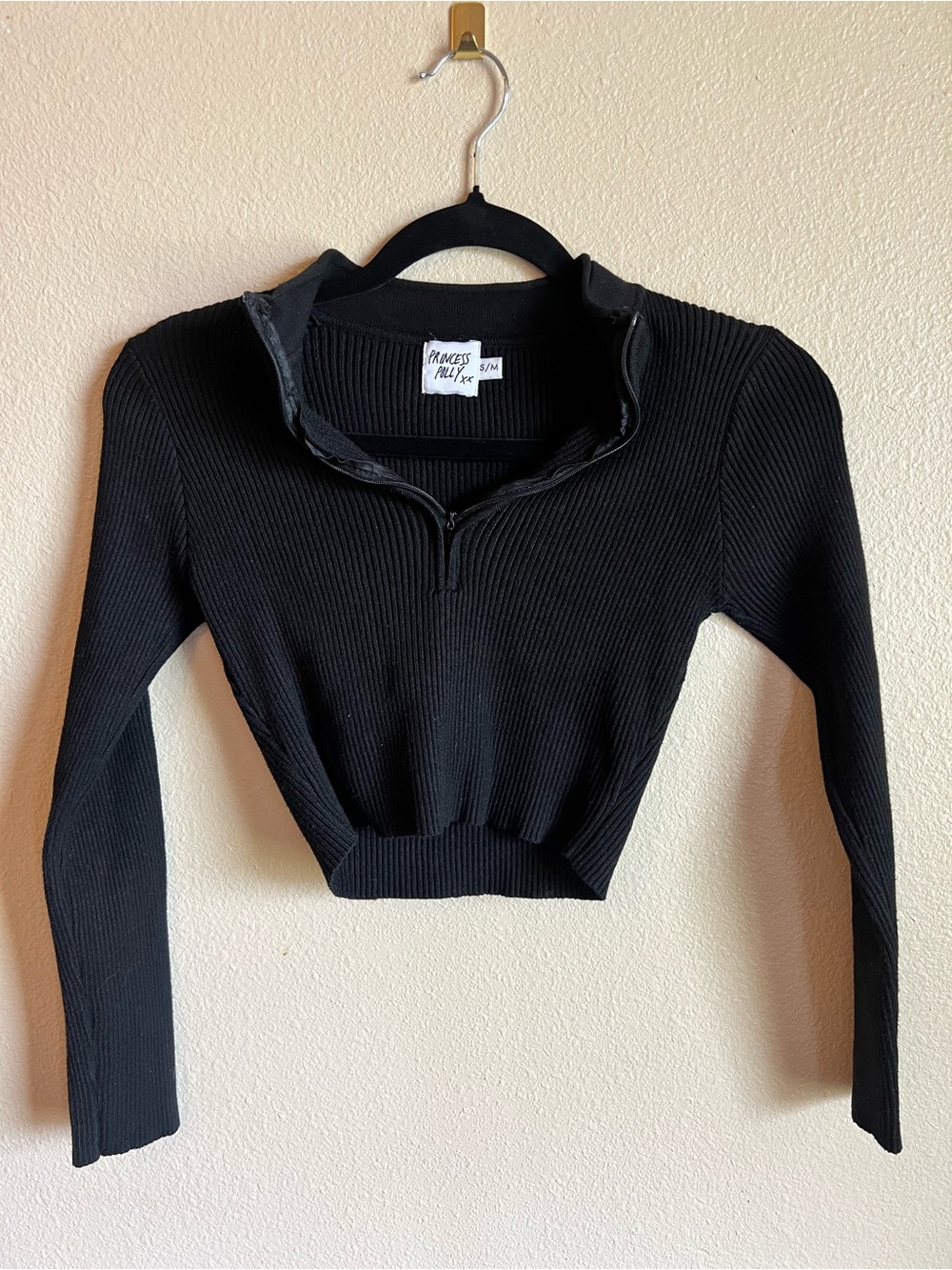 Prince Black Ribbed Half-Zip Crop Top